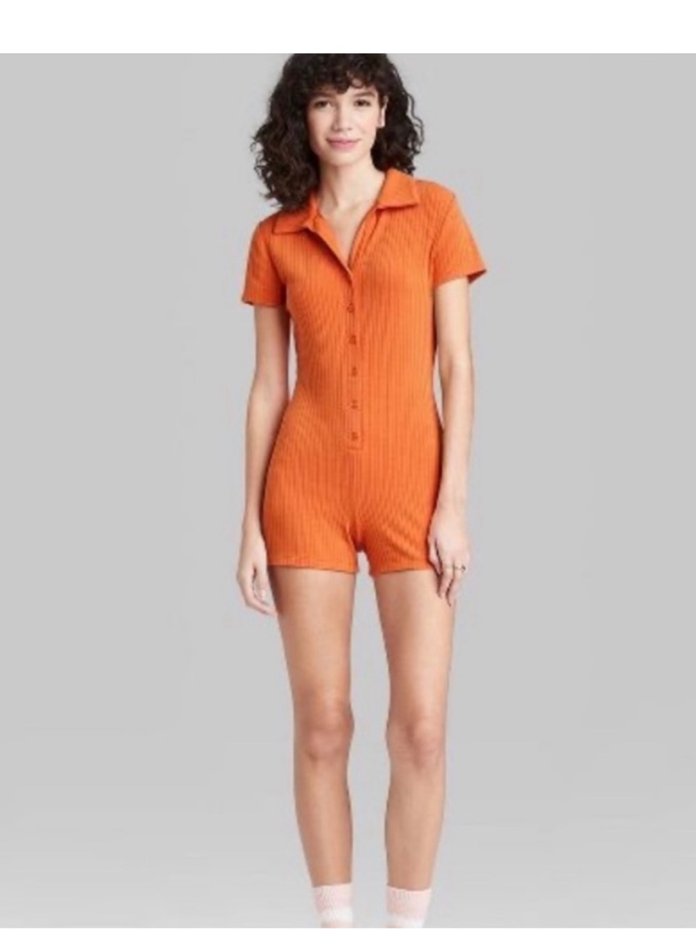 Collared Orange Ribbed Button Romper